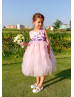 Cute Handmade Flowers Pink Satin Tulle Ruffled Flower Girl Dress